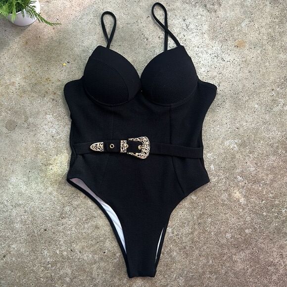 Vintage Black One Piece Gold Buckle Push Up Swim Suit - Picture 2 of 5